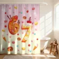 Rosa Duschvorhang mit Waffel-Zahlen 6 und 7 sowie süßen Dessert-Mustern fürs Badezimmer - Dessert Essen Nummer 67 (YL-007) / Einzelner Duschvorhang 90x180cm