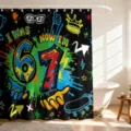 Moderner Badezimmer Duschvorhang im Graffiti-Stil mit bunten Zahlen 6 und 7 Doodles - Farbige Graffiti Nummer 67 (YL-011) / Einzelner Duschvorhang 90x180cm