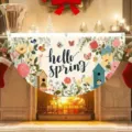 Decorative Hello Spring fan-shaped flag featuring colorful flower and butterfly prints - Flat Style / 37.5x75cm