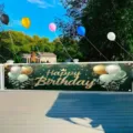 Dark green and gold Happy Birthday banner with balloons for outdoor party decoration - Punched With Rope / 30x120cm