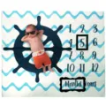 Nautical baby milestone blanket with blue waves and ship wheel for monthly photos - 91x102cm / Ship Wheel Waves (SMT-003)