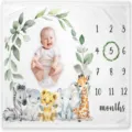 Jungle animal theme baby milestone blanket with monthly growth markers and soft fabric - 91x102cm / Zebra Hippo Illustration (SMT-001)