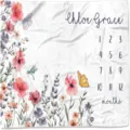 Watercolor floral baby milestone blanket with personalized name Chloe Grace and numbers. - Peach Skin (SMT-001) / 91x102cm