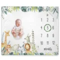 Jungle animal theme baby milestone blanket with numbers 1-12 for monthly growth tracking - 91x102cm / Tropical Greenery Illustration (SMT-003)