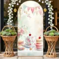 Watercolor tea party themed arched backdrop cloth for girl afternoon tea party decorations - 120x50cm / Regular Polyester