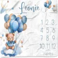Professional baby monthly milestone blanket featuring cute teddy bear and blue balloons print - Blue Bear / 91x102cm