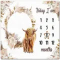 Manta de hitos para bebé estilo boho con vaca Highland para fotos de crecimiento. - Estampado de Vaca Highlands (Piel de Melocotón) / 91x102cm