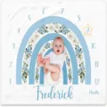 Soft blue floral rainbow baby milestone blanket with customizable name Frederick photo prop - 91x102cm / Blue Rainbow Floral