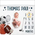 Sports-themed baby milestone blanket with customizable name and 1-12 monthly growth tracker. - 91x102cm / Sports Theme A (SMT-001)
