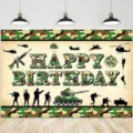 Camouflage military tank theme Happy Birthday backdrop for boy's party photoshoot - SBJ-006 / 95x75cm