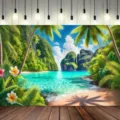 Tropical Hawaii beach photography backdrop with palm trees and crystal turquoise water - Hawaii Beach (SBJ-001) / 95x75cm