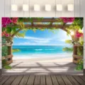 Tropical Hawaiian beach photography backdrop with ocean and floral wooden pergola view. - Hawaii Beach (SBJ-002) / 95x75cm