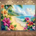 Hawaiian beach photography backdrop with colorful hibiscus flowers for summer party decoration - Hawaii Beach (SBJ-003) / 95x75cm