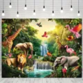 Toile de fond photo animaux jungle avec lion éléphant et girafe pour décor de fête - Style Thème Animaux de la Jungle (SBJ-005)