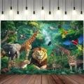 Fond de studio photo animaux de la jungle avec lion et girafe pour fête d'enfants - Style Thème Animaux de la Jungle (SBJ-006)