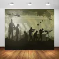 Military camouflage backdrop for boys birthday party featuring soldier and tank silhouettes - SBJ-003 / 95x75cm