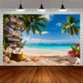 Lebhafter Hawaii Strand Fotohintergrund mit Palmen und Meer für Ihre Sommerparty - Hawaii Strand (SBJ-005)