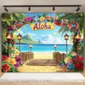 Hawaii Strandparty Hintergrund mit Aloha Schild und tropischem Blumenbogen - Hawaii Strand (SBJ-006)
