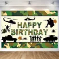 Camouflage military theme happy birthday backdrop with tanks and helicopters silhouettes. - Military Camouflage Tank Theme (SBJ-010) / 95x75cm