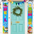 Vibrant 'HELLO SUMMER' porch banners with beach gnomes and sun motifs for party decor - 30x150cm