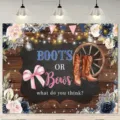 Sfondo per festa di svelamento con stivali da cowboy e fiocco rosa per foto - 95x75cm