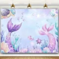 Sfondo fotografico di compleanno per bambini tema sirena mondo sottomarino acquerello - SBJ-001 / 150x90cm