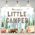 Forest adventure photography backdrop with bear and tent for camping themed party - 95x75cm