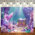Sfondo fotografico sirena mondo sottomarino viola con scrigno del tesoro e coralli - SBJ-005
