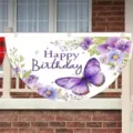 Pancarta festiva Happy Birthday con mariposa y flores moradas para decoración de fiesta - 37.5x75cm / Púrpura (Plano)
