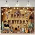 Sfondo di compleanno da cowboy occidentale con illustrazioni vintage e testo auguri - Cowboy Occidentale (SBJ-001) / 95x75cm