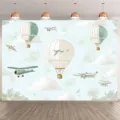 Vintage aviation theme photography backdrop with hot air balloons and airplanes in blue sky - Vintage Flight Adventure (SBJ-001) / 95x75cm