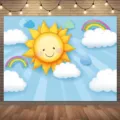 Cartoon sun and rainbow theme photography backdrop with clouds for school party decoration - 95x75cm