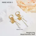 Detail view of stainless steel bee flower earrings with pearl tassels and measurements - Bee Flower Beaded Tassel Earrings (NMSE-M338-3) / 18K Gold
