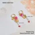 Stainless steel butterfly drop hoop earrings with red beads and pink shell charms - Butterfly Clover Tassel Earrings (NMSE-M2510-3) / 18K Gold