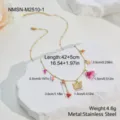 Detailed product view showing size specs of stainless steel butterfly charm necklace - Butterfly Heart Flower Beaded Necklace (NMSN-M2510-1) / 18K Gold