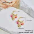 Gold stainless steel hoop earrings with colorful beads and floral pendants - Colorful Enamel Flower and Pink Shell Bead Earrings (NMSE-L327-3) / 18K Gold / Multicolor