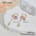 Elegant gold stainless steel hoop earrings with flower and bird charms and purple beads - Flying Bird and Flower Purple Beaded Earrings (NMSE-M258-3) / 18K Gold / Gold