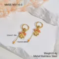 Close-up detail of gold stainless steel four-leaf clover hoop earrings with colorful beads - Clover Red-Orange Beaded Tassel Earrings (NMSE-M3110-3) / 18K Gold