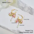 Detailed view of dragonfly flower drop earrings in gold stainless steel with size info - Dragonfly Flower Pink Striped Beaded Tassel Earrings (NMSE-L326-3) / 18K Gold