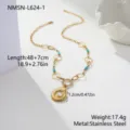 Detail view of gold stainless steel shell necklace with pearl and turquoise - 18K Gold / Gold Style (NMSN-L624-1)