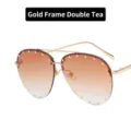 Elegance gold frame aviator sunglasses with rivets and tea gradient lenses for women - Gold Frame Double Tea