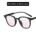 Retro shiny black glasses frames with blush pink anti-blue light lenses - Black Frame Blush Lens