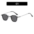 Retro-Punk Sonnenbrille mit kleinem unregelmäßigem Rahmen und schwarzen Gläsern C1. - Glänzendes Schwarz / Grau