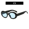 Retro-Sonnenbrille mit ovalem schwarzem Rahmen und hellblauen Gläsern, Modell C5 Design - Glänzend Schwarz Blau Glas Stil (C5)