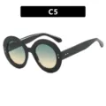 Modieuze oversized ronde zwarte zonnebril met kleurverloopglazen, model C5-variant - Glanzend Zwart Montuur Groen Geel Lens (386)