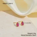 Macro detail of teardrop-shaped pink zircon stud earrings in gold stainless steel - Teardrop Pink Zirconia Earrings (NMSE-L346-6)