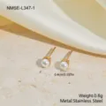 Macro detail of 0.4cm stainless steel pearl stud earrings with size and weight info - Round White Artificial Pearl Earrings (NMSE-L347-1)
