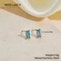 Macro view of blue rectangular zircon stud earrings in gold-tone stainless steel finish - Rectangular Blue Zirconia Earrings (NMSE-L347-4)