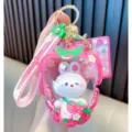 Pink strawberry inflatable pouch keychain featuring a cute white rabbit mascot bag charm - Rabbit