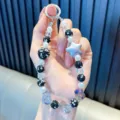 Elegant black and white beaded keychain with iridescent star and pearl accents - With Phone Card / Black